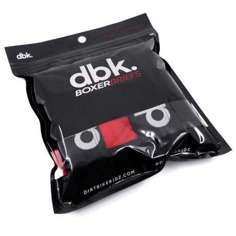DBK boxers brief multipack pouch packaging, black bag with red-and-white logo
