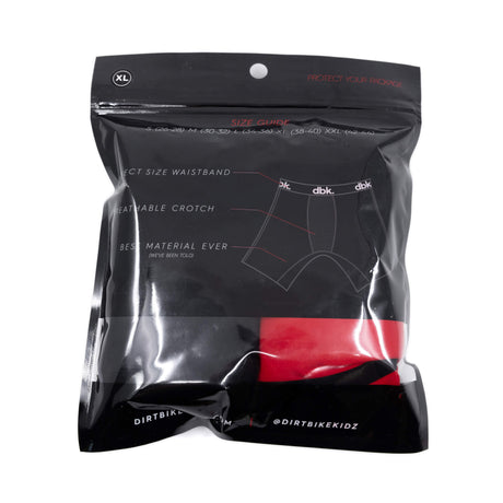 DBK boxer briefs size guide and material info on black plastic bag packaging