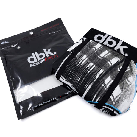 Packshot of black and grey patterned boxer briefs with blue waistband detail