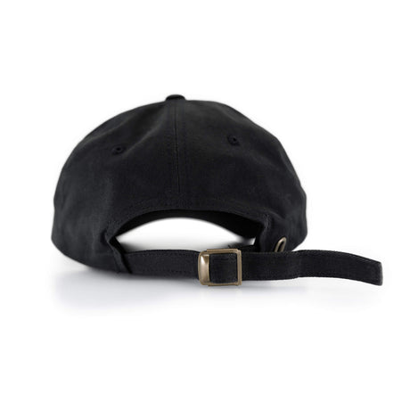 Black dad hat back view with adjustable strap and metal buckle