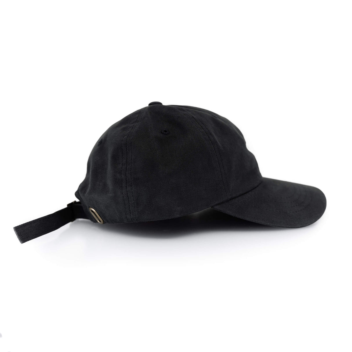 Black dad hat back view with long adjustable strap and metal buckle