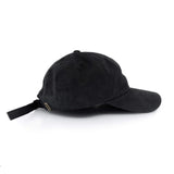 Black dad hat back view with long adjustable strap and metal buckle