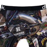 Close-up boxer briefs with blue-gray bike graphic print and dbk elastic waistband.