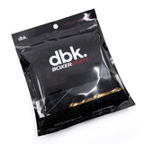 Poly bag packaging for boxer briefs, black with dbk Boxebriefs logo and small print.