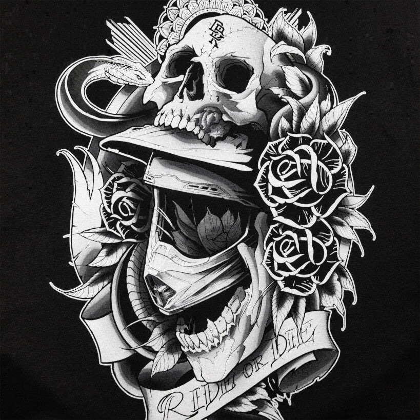 Back graphic close-up: skull with roses and banner on a black t-shirt
