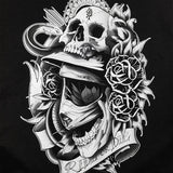 Back graphic close-up: skull with roses and banner on a black t-shirt
