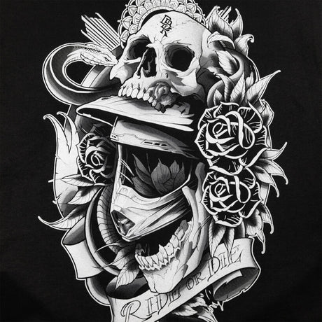 Back graphic close-up: skull with roses and banner on a black t-shirt