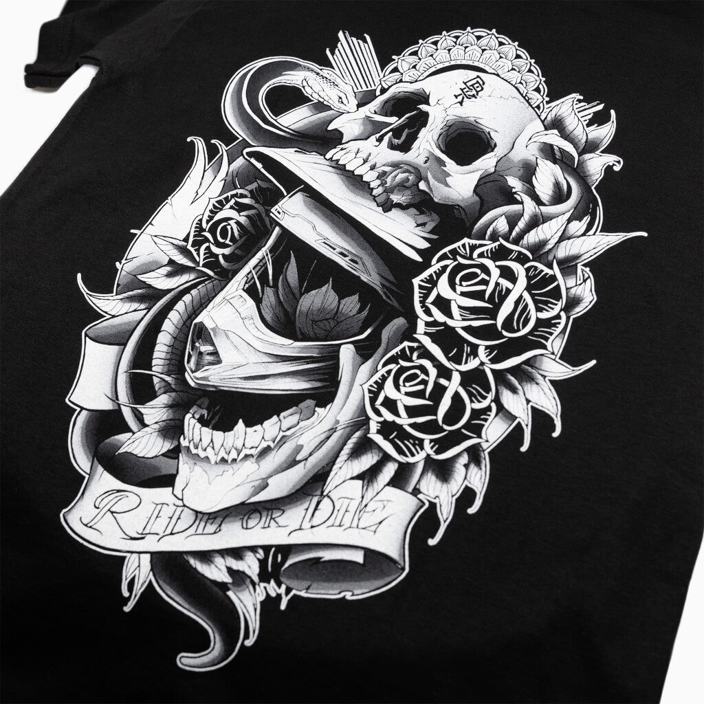 Large back skull-and-roses illustration printed on a black crewneck t-shirt