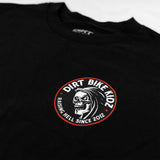 Reaper tee black close-up, small Dirt Bike Kingdom front logo graphic