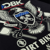 Black T-shirt close-up of DBK eagle artwork with swords, stars, and bold text.