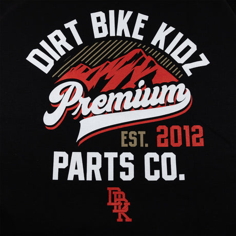 Black T-shirt close-up of Premium Parts Co. Est. 2012 back graphic
