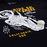 Close-up of black youth T-shirt front graphic featuring rider and 'Give Em The Smoke' text