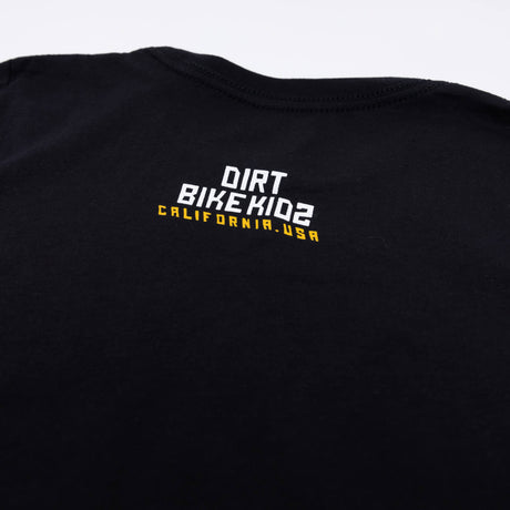 Back of black youth premium T-shirt with 'Dirt Bike KID2' and 'California USA' text