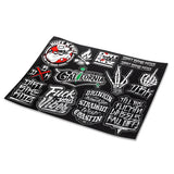 Sticker sheet with black background and graffiti-style bike-themed decals, angled view