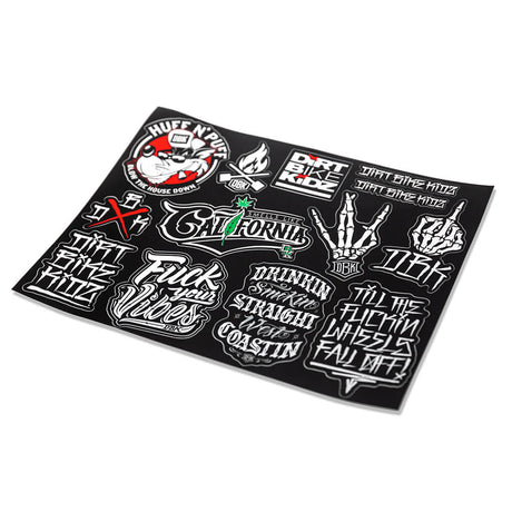 Sticker sheet with black background and graffiti-style bike-themed decals, angled view