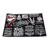 Bike-themed sticker sheet, black with graffiti decal letters and hand icons