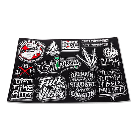 Bike-themed sticker sheet, black with graffiti decal letters and hand icons