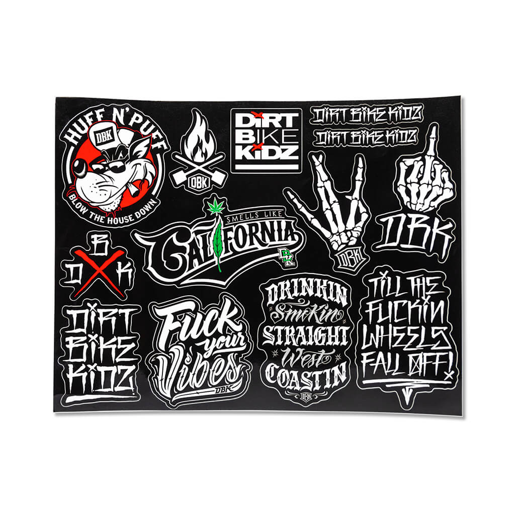 Sticker sheet with black background and graffiti bike-themed words and flames