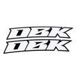 Pit bike fender sticker set featuring two white decals with black outline and geometric racing type.