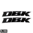 Racer black fender sticker set with bold black graphics and white outlines (2 decals)