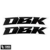 Racer black fender sticker set with bold black graphics and white outlines (2 decals)