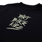 Youth black T-shirt with centered stylized letterform graphic in light gray
