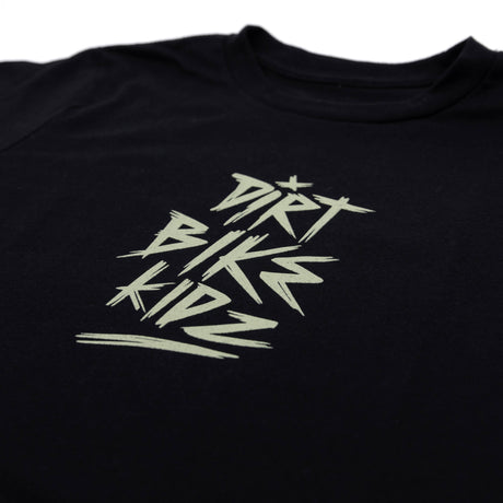Youth black T-shirt with centered stylized letterform graphic in light gray