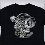 Youth black premium tee close-up of large back skull and helmet graphic