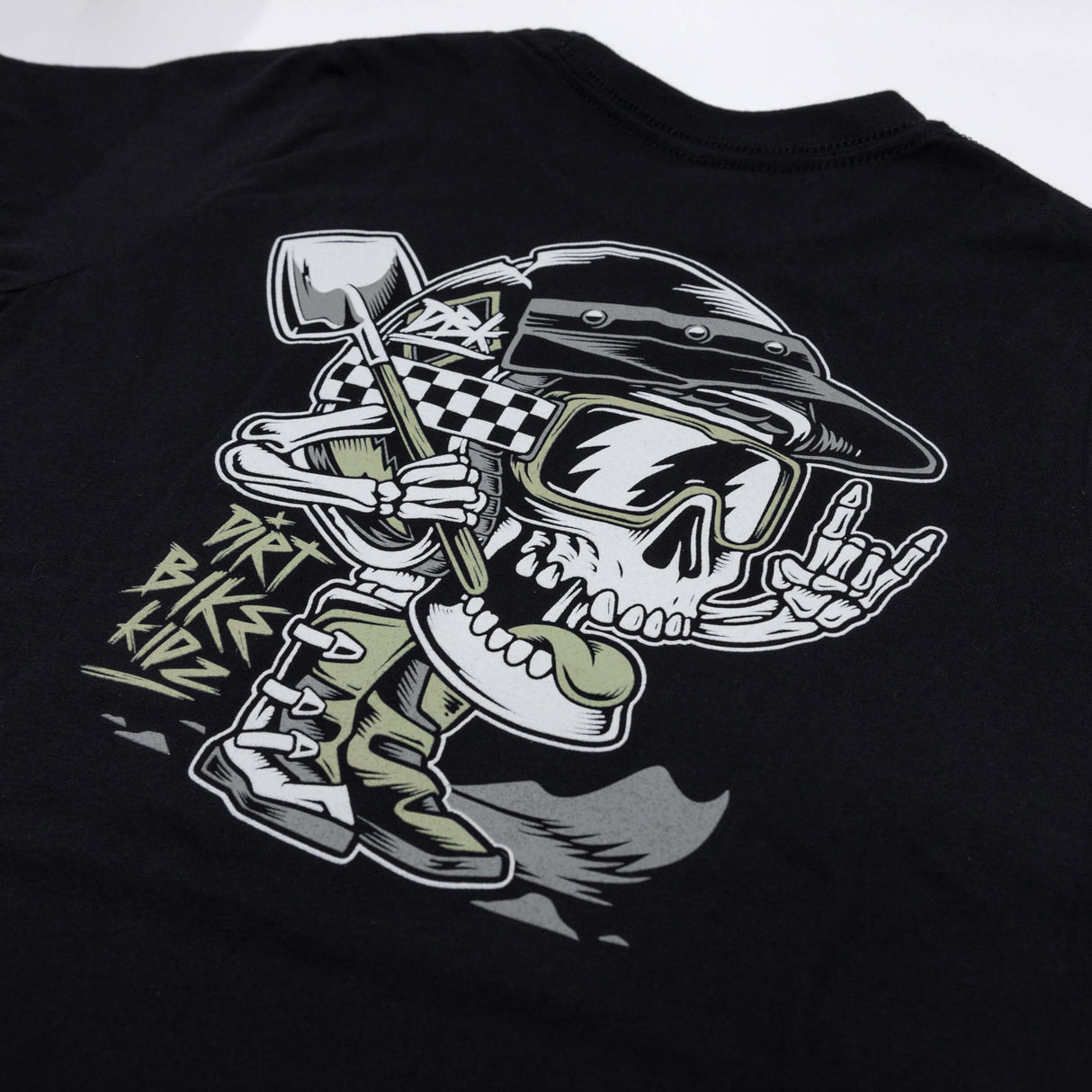 Youth black graphic T-shirt with large skull and moto rider print on front