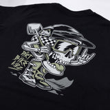Youth black graphic T-shirt with large skull and moto rider print on front