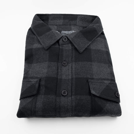 Charcoal plaid flannel button-up shirt with collar and chest flap pockets