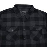 Charcoal plaid flannel shirt with button front and two chest flap pockets