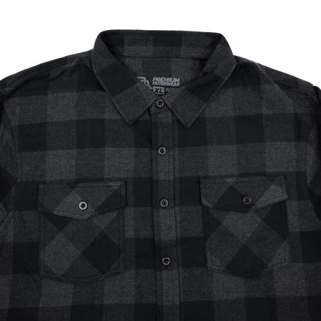 Charcoal plaid flannel shirt with button front and two chest flap pockets