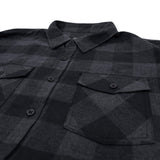 Charcoal plaid flannel shirt with flap pockets and button placket