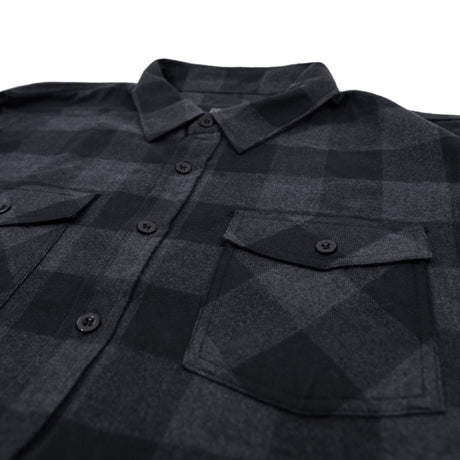 Charcoal plaid flannel shirt with flap pockets and button placket