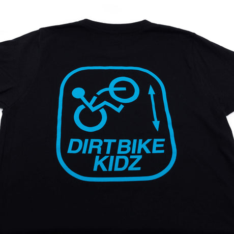Black youth premium tee with large Dirtbike Kidz back graphic in blue