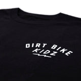 Close-up of black kids T-shirt front chest graphic reading “DIRT BIKE KIDZ”