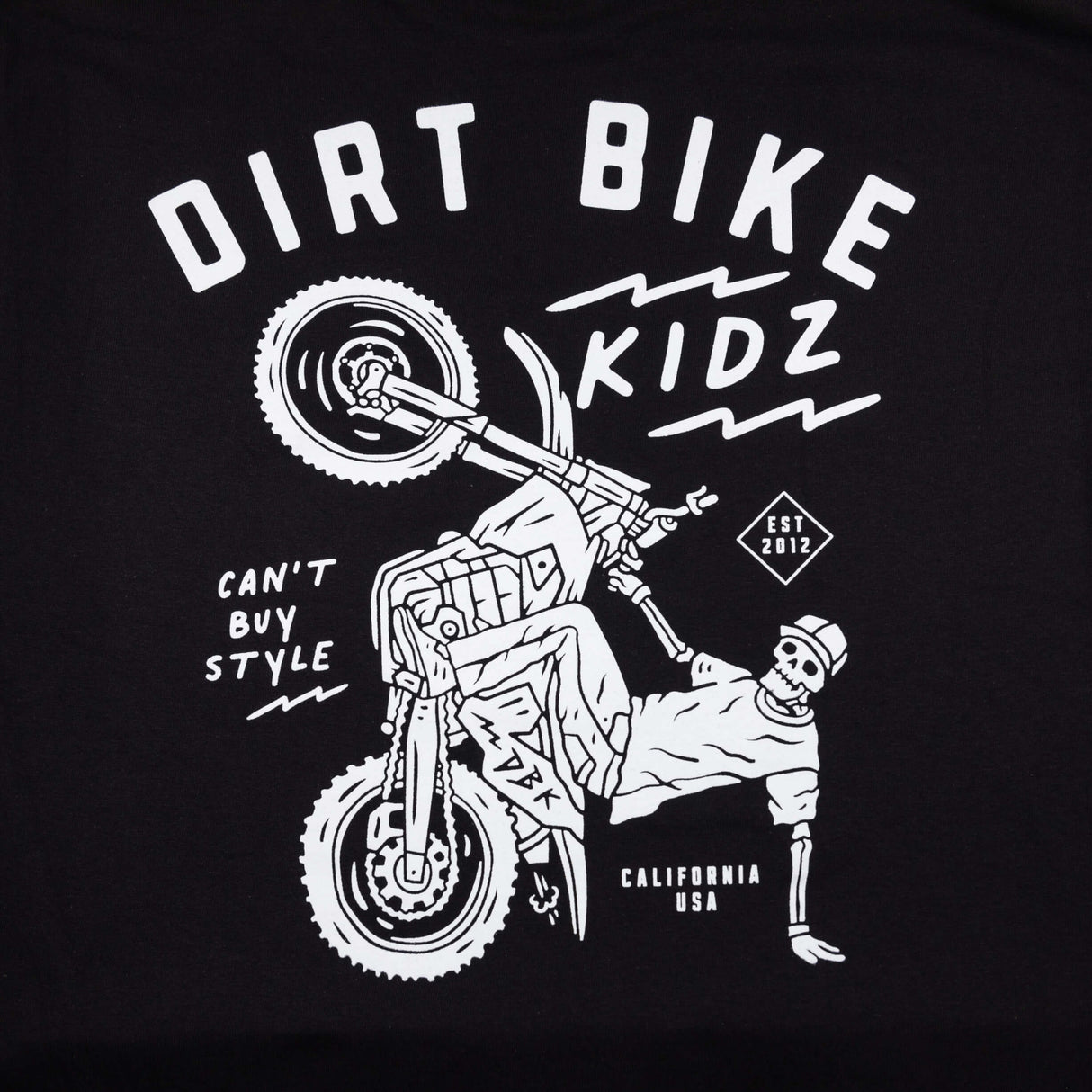 Close-up of black kids T-shirt back graphic with dirt bike rider illustration