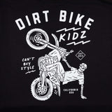 Close-up of black kids T-shirt back graphic with dirt bike rider illustration