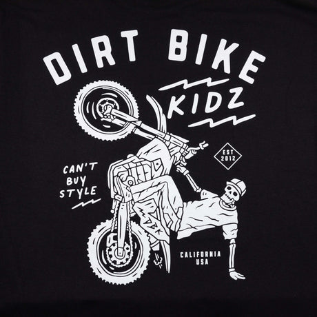 Close-up of black kids T-shirt back graphic with dirt bike rider illustration