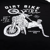 Close-up of black kids T-shirt back graphic featuring dirt bike and rider