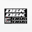 Rectangular sticker pack sheet with white racing numbers and 'DIRT BIKE KIDZ' logo on black