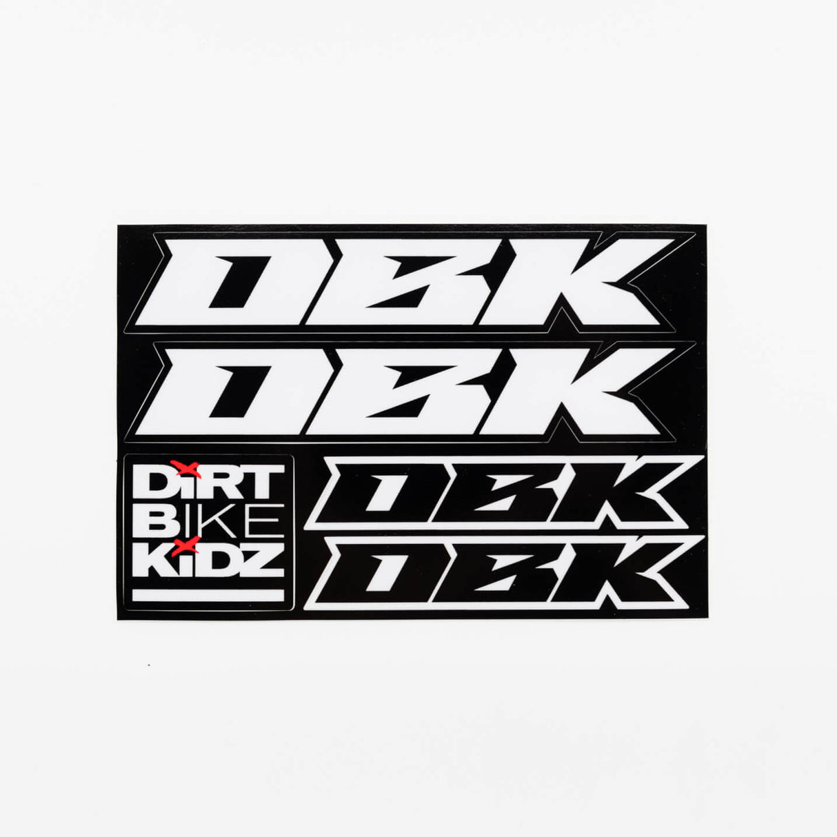 Rectangular sticker pack sheet with white racing numbers and 'DIRT BIKE KIDZ' logo on black