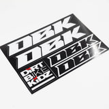 Close-up sticker pack with white racing number graphics and 'DIRT BIKE KIDZ' logo