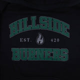 Black varsity hoodie back graphic with green arched text and flame icon