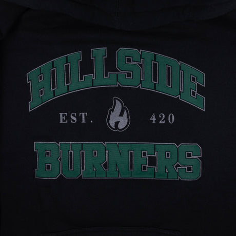 Black varsity hoodie back graphic: arched 'Hillside Burners' with flame icon and Est. 420