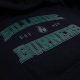 Black hoodie chest graphic with flame icon, EST, 420, and green arched lettering
