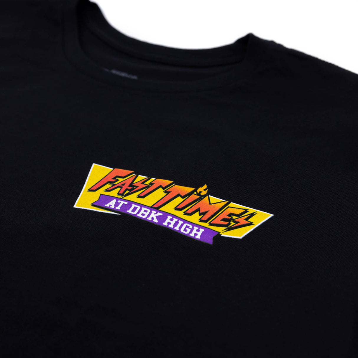 Black T-shirt with colorful Fast Times “AT DBK HIGH” chest graphic