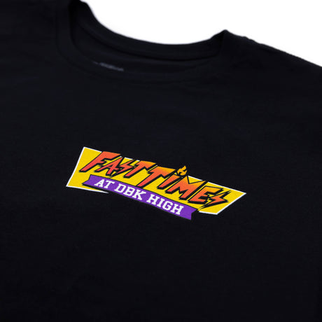 Black T-shirt with colorful Fast Times “AT DBK HIGH” chest graphic
