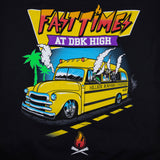 Fast Times “AT DBK HIGH” graphic print featuring bus illustration on a black T-shirt